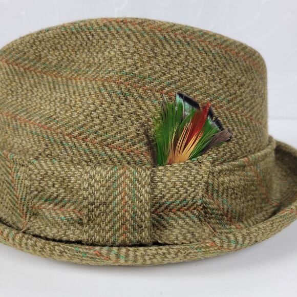 Vintage Richman Bros Fedora Trilby Hat Mens 7-7 1/8 Green Plaid Feathers Box - Picture 3 of 16